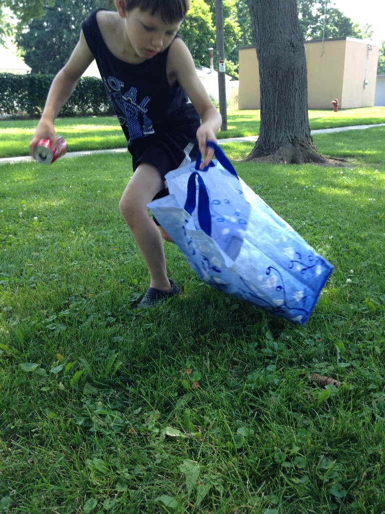 Owen gallops to get all of the recycling.
